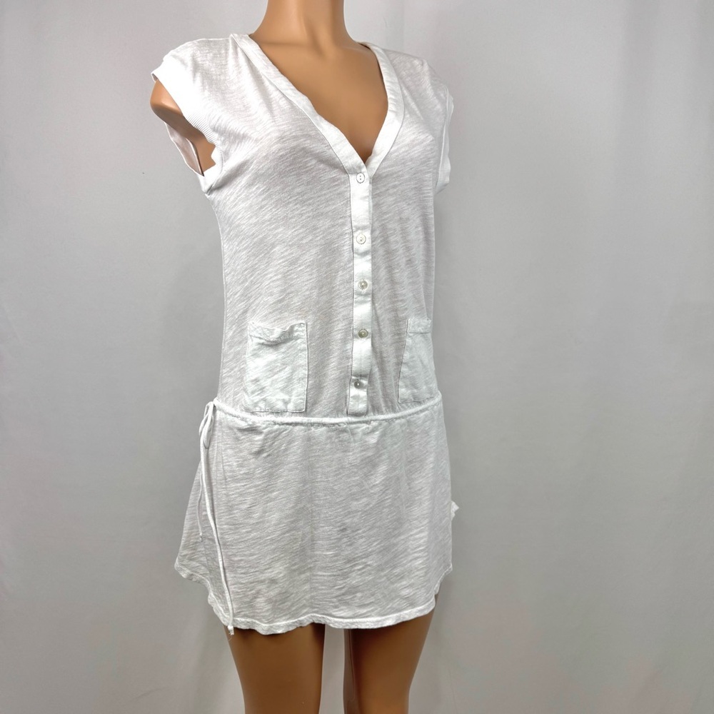 Casual White V-Neck Button Tunic with Drawstring Waist